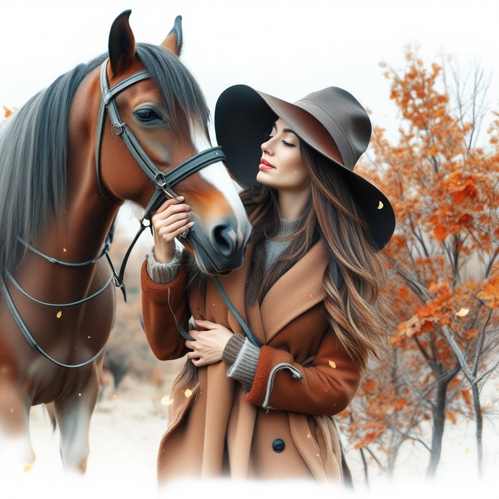 beautiful woman hugging horse, autumn. super detailed on white background