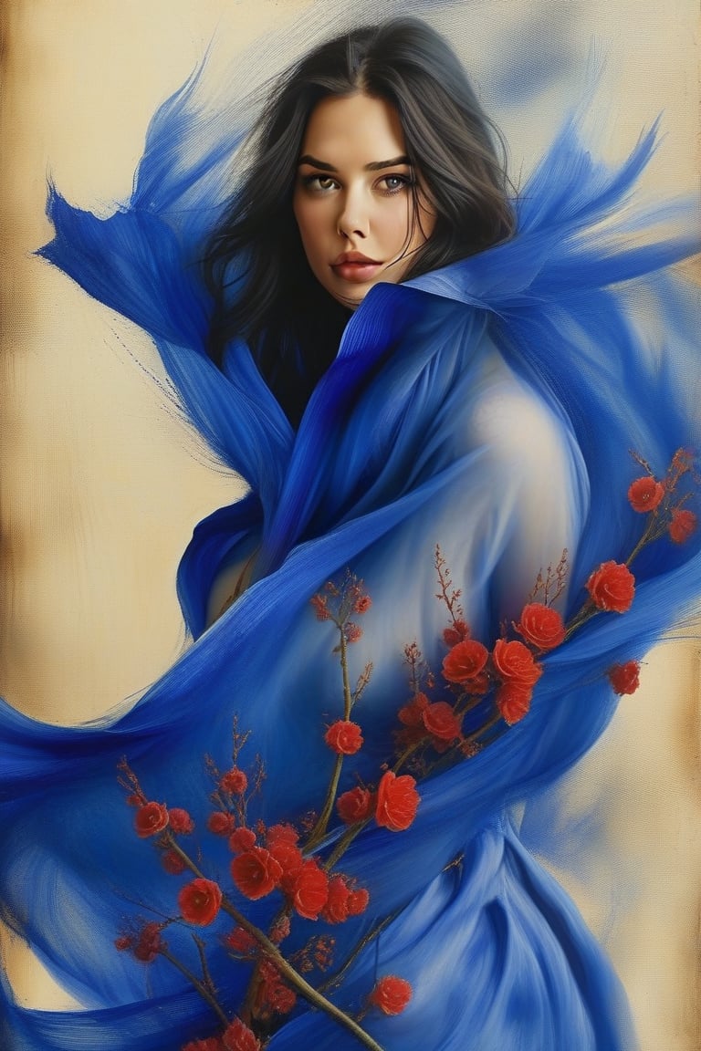 high quality, high quality, 8K Ultra HD, In this exquisite ink painting, the dynamic essence of Lana Rhoades's beautiful figure, the blue silk cape. With striking beauty, the deep shades of blue, dark red and black ink converge to form intricate patterns, capturing the essence of elegance and strength of the plumage, the deep red and deep purple flowers, the thorn vines wrapping around her figure