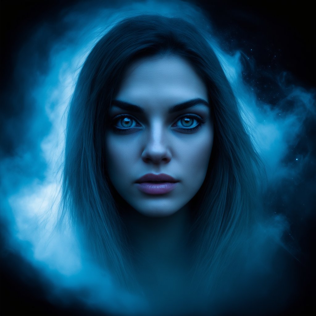  A woman's face emerges from a shroud of dark, swirling mist, her eyes piercing and intense. Her expression conveys a sense of raw emotion, with an ethereal, magical light emanating from her eyes. The background is obscured in a hazy, ethereal atmosphere, with the faint glow of runes or sigils visible, adding a mystical, otherworldly element to the scene. The lighting is dramatic and high-contrast, casting her features in bold, vibrant colors that heighten the impact of the image.