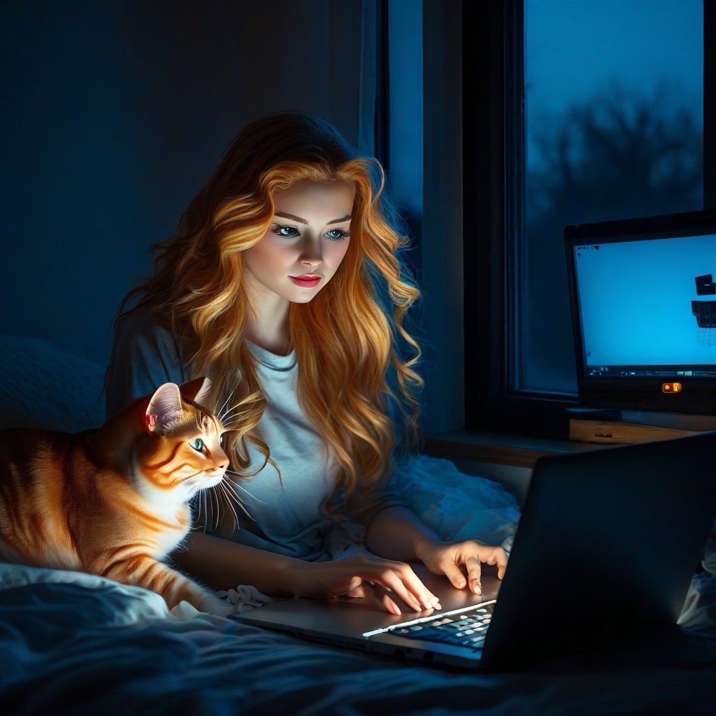 beautiful blonde with long curls works sitting at a laptop which stands nearby, bright satin pillows, home clothes nearby lies a ginger cat, blurry dark room in casual style in the background, deep night outside the window, moonlight, light from the screen illuminates the face, expressive concentrated face, looking at the laptop screen, spectacular lighting, ultra-realistic