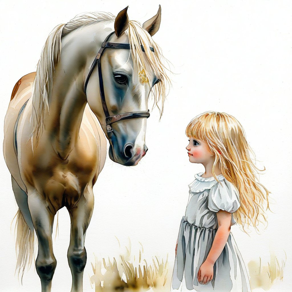 watercolor, acrylic, random pose, whimsical delicate painterly watercolor of a little white girl, blonde hair with bangs, standing and looking at a horse, with a horse standing and looking at a little girl, with tousled hair, large expressive eyes, free expressive lines, dynamic quality, fine painterly watercolor, background blurred gray