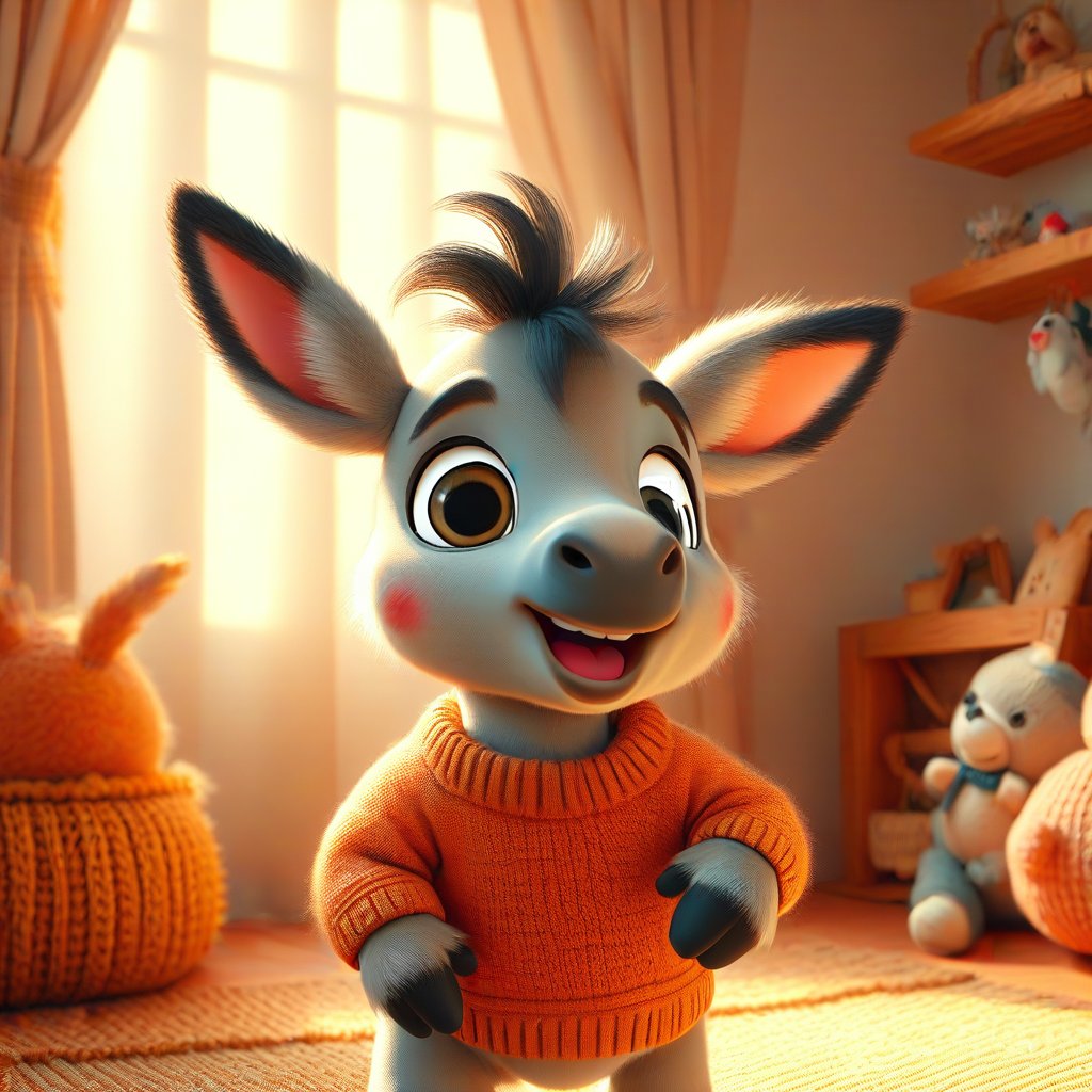 In the warm light of a cozy room, a little donkey in an orange sweater dreamed of adventure. His big eyes sparkled with joy, and his ears fluttered as he prepared to conquer the world of toys.