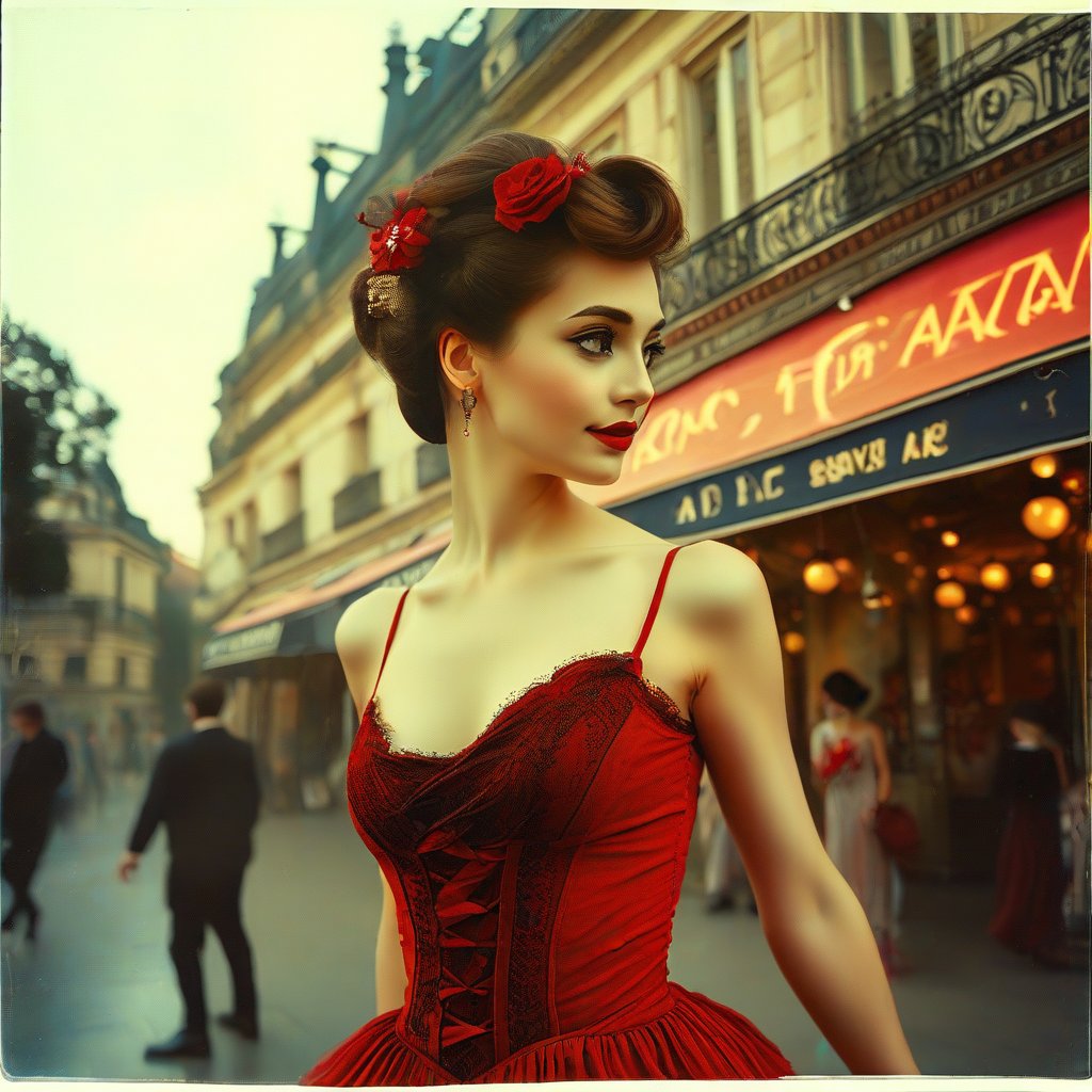 Double exposure photograph, portrait of a beautiful young woman wearing the dress and hairstyle of an early 20th century Moulin Rouge dancer, with an outline of the woman outlined at Place Pigalle in Paris, film poster mood