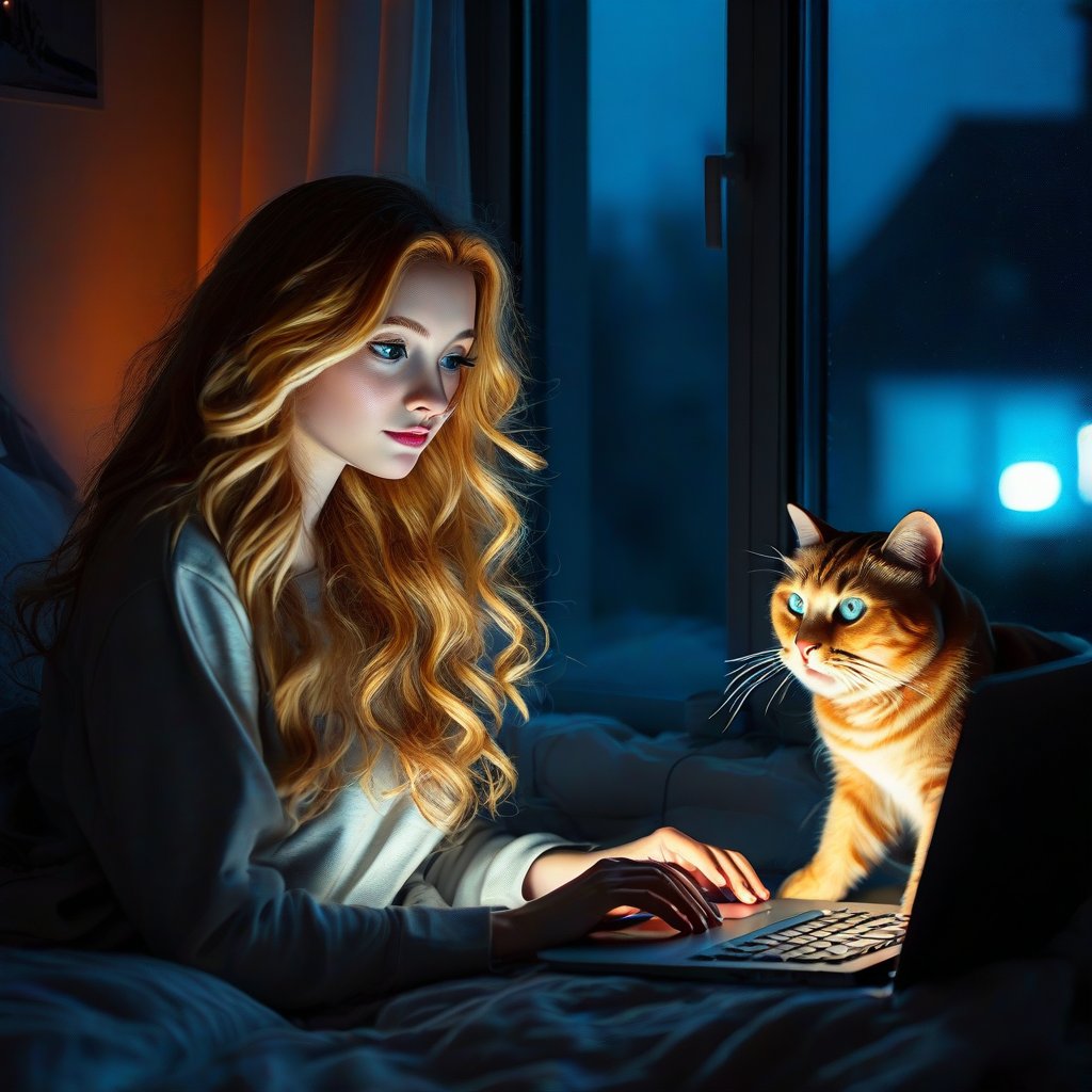 beautiful blonde with long curls works sitting at a laptop which stands nearby, bright satin pillows, home clothes nearby lies a ginger cat, blurry dark room in casual style in the background, deep night outside the window, moonlight, light from the screen illuminates the face, expressive concentrated face, looking at the laptop screen, spectacular lighting, ultra-realistic