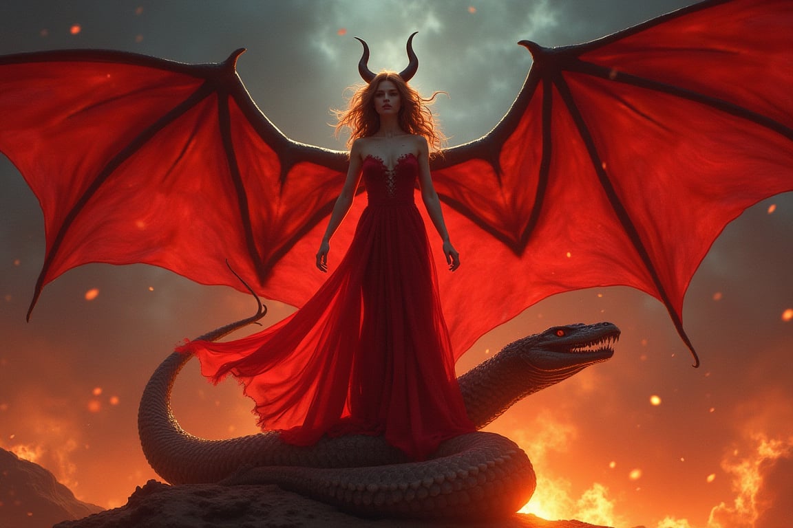   illustrated realistic portrait of young Elizabeth Hurley as the Devil, beautiful and attractive, with horns, wearing red flaming silk, by Rossdraws and Greg Rutkowski and Alphonse Mucha, standing on top of a giant serpent, dynamic pose, at night, raining colors, vibrant and artistic, cinematic lighting, glowing effects, highly detailed, epic scene, (masterpiece:2), (best quality:2), (ultra highres:2), (extremely detailed:2), (perfect lighting:2), stunning, captivating, visually striking