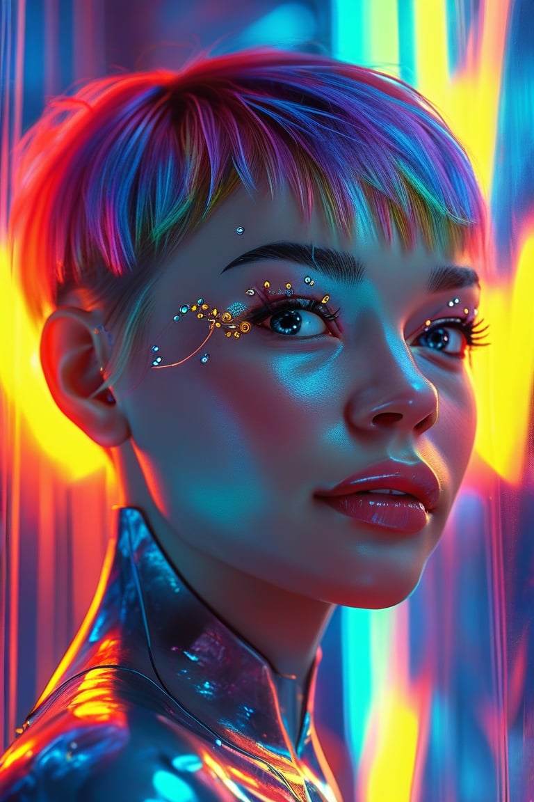 cyberpunk, detailed face, cheerful girl 18 years old, juicy unusual hair colour, pixie hairstyle, face decorated with iridescent rhinestones, playful eyes, background neon blue-orange with crystals, soft glowing lights, reflections, vibrant colors, dynamic composition, high contrast, futuristic elements, modern art style