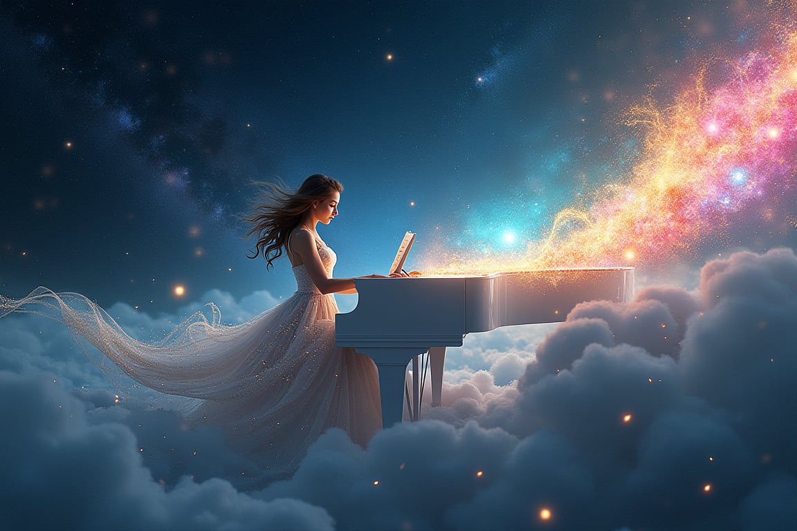  A stunning, ethereal image of a beautiful woman playing a grand piano floating amidst the stars in the vastness of space, in distance. Her elegant dress and flowing hair are intricately crafted from shimmering musical notes, giving them a delicate, ethereal quality. The grand piano is full size, open lid, white, sleek and polished, reflecting the starlight around it. From the piano, a vibrant stream of musical notes emerges, cascading in all the colors of the rainbow, swirling and dancing through the cosmos. The background is a breathtaking tapestry of galaxies and nebulae, adding depth and wonder to the scene. The woman's expression is serene and focused, embodying the harmony and beauty of the music she creates. Hyper-realistic style, wide-angle view, soft ambient lighting, and intricate details in the dress and background. Fantasy and surrealism art movement.