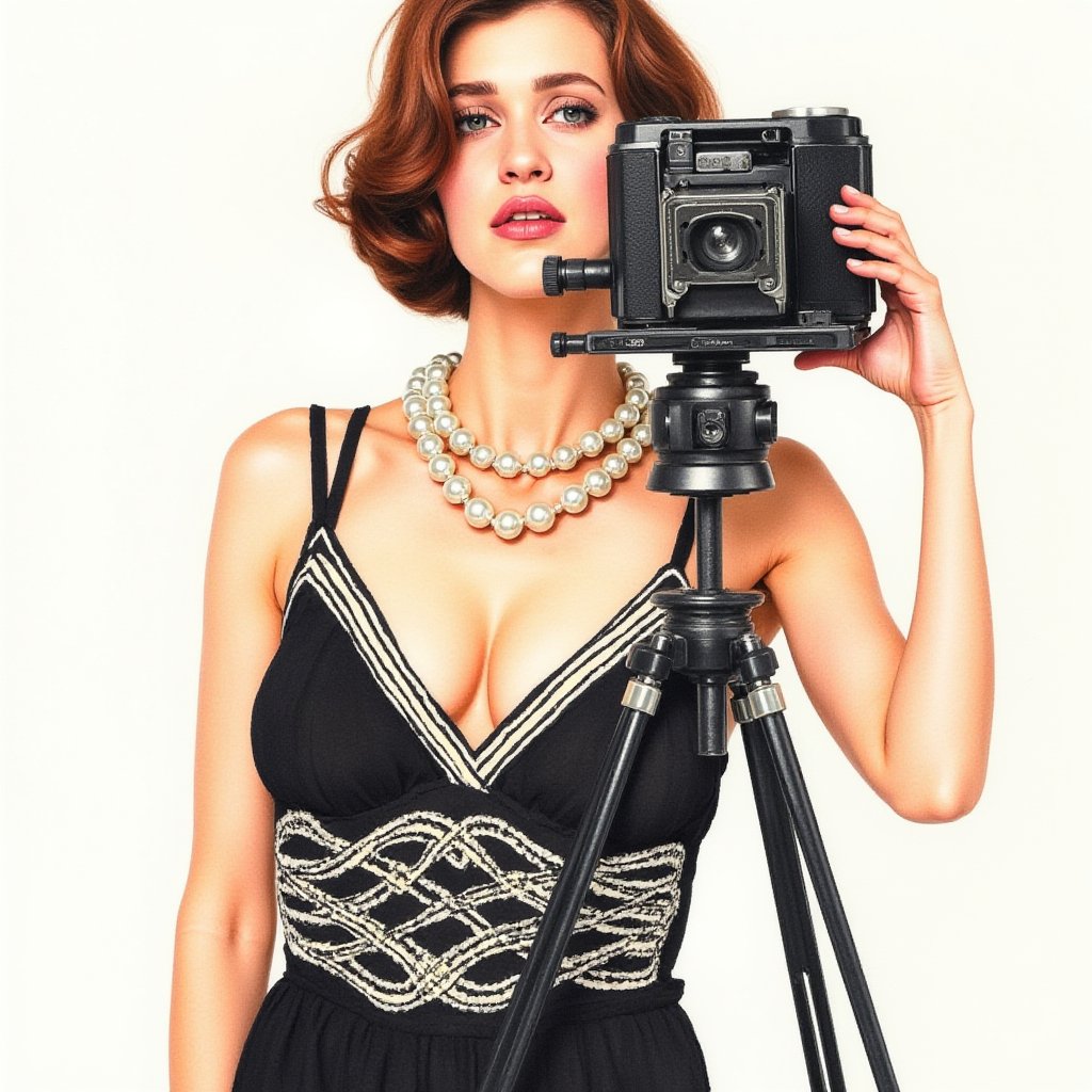 watercolor acrylic random pose, woman, shoulder length brown hair standing next to an antique camera on a tripod, luxurious pearl necklace dress inspired by Joseph Christian Leyendecker, white light, intertwined pearls on the dress black bakgraund