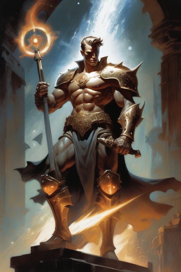 a Image in the style Fantasy by Frank Frazetta and Raymond Swanland, (masterpiece:1.3), (perfect art:1.3), portrait of a male, dungeon delver, defined abs body, stunning body well-proportioned, astral constellations with honey eyes, victory rolls hair, dressed in the paladin armor, regal pose, point of view angle picture taken, in the background celestial forge where angelic blacksmiths craft weapons of light, with molten metal flowing, zenith optical, ethereal presence of magical guardians protecting sacred sites style, (optical resonance:1.3), by Mike Mignola, image should be splendorous details, 8k resolution, fine patterns intricately depicted, stylized render