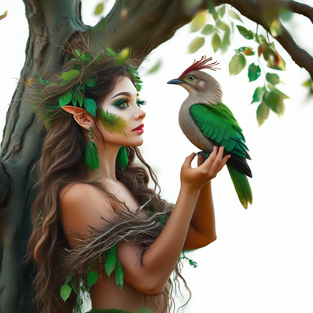  A beautiful dryad woman, near a tree, holds a beautiful fluffy bird in her hands. The woman has a beautiful face, pale radiant skin, large emerald eyes, thick long eyelashes, makeup with an emphasis on the eyes. An outfit made of the texture of tree bark, brown hair intertwined with tree branches, earrings made of acorns, a green wreath of twigs and leaves. Photorealism, large 3d strokes, deep shadows, fantasy, delicate juicy colors, highlights, radiance, shine.