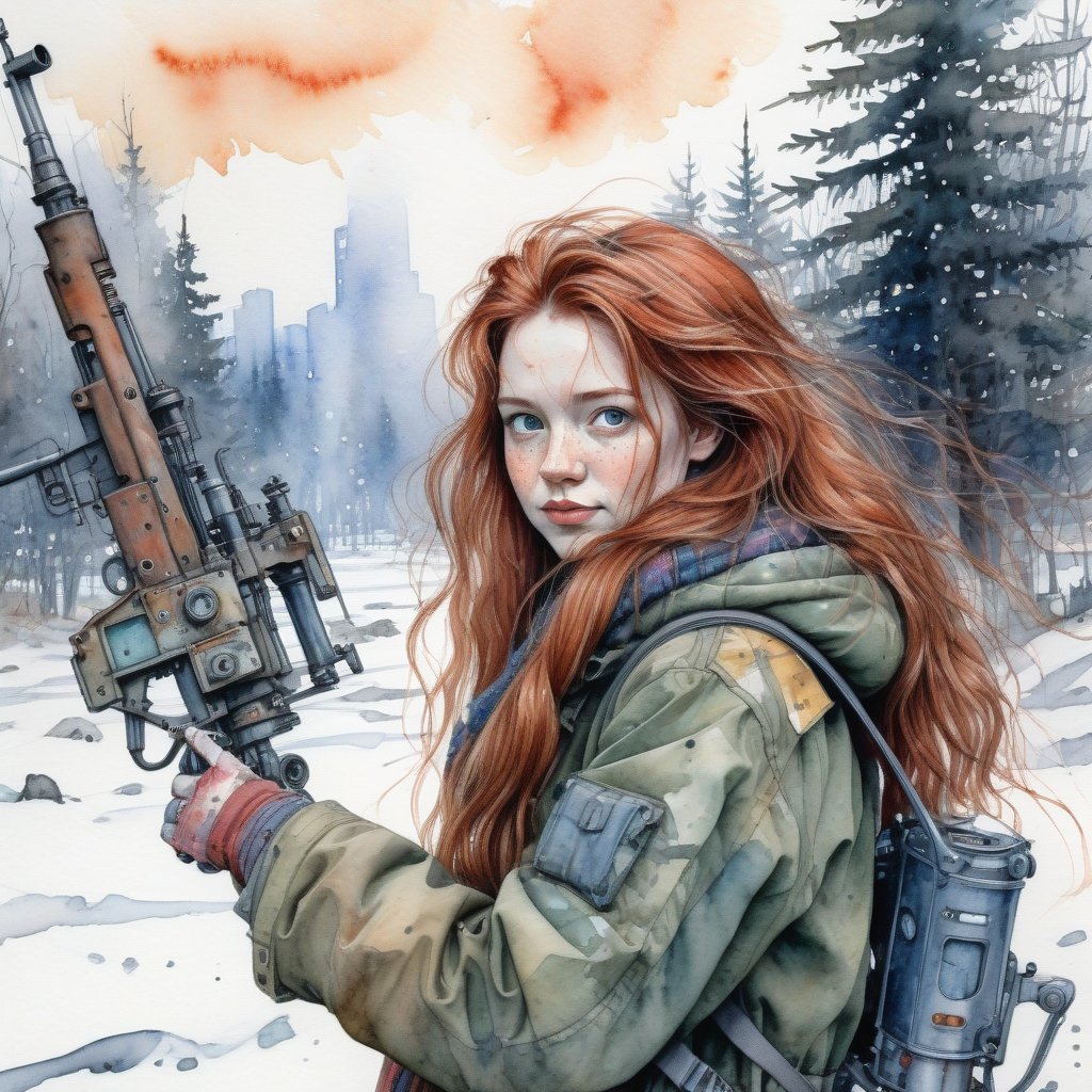 the most detailed watercolor drawing, the world of the post-apocalypse, winter, snow, close-up of a cheerful freckled red-haired girl with long tousled hair with a rifle in her hands, in the background there is a huge walking mechanical robot covered with rust, people in warm fur coats, in the distance you can see a forest and a peasant hut, the most detailed image, many small details, image in the style of Jakub Rozalski, watercolor + ink + fine lines drawing, maximum detail of the face and eyes, best quality, (Masterpiece: 1.5), (best quality:1.5). elaboration of small details, maximum emphasis on faces,