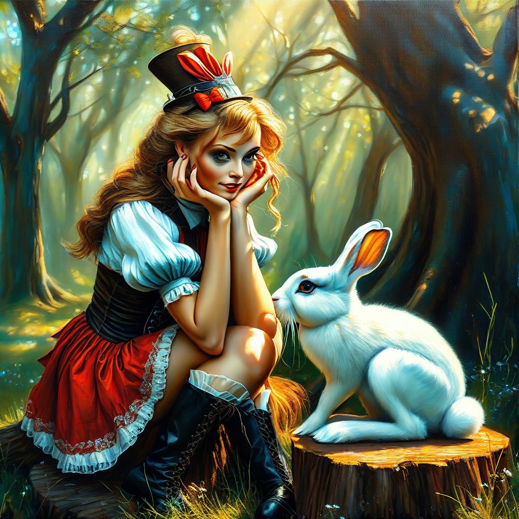 oil painting, airbrushing, close up random pose, Alice in Wonderland in steampunk style sits on a tree stump, resting her head on her hand. next to her is a white rabbit Against the backdrop of a fairy-tale forest with sun glare and high contrast. The painting features bold, expressive brush strokes and is a masterful work of art.