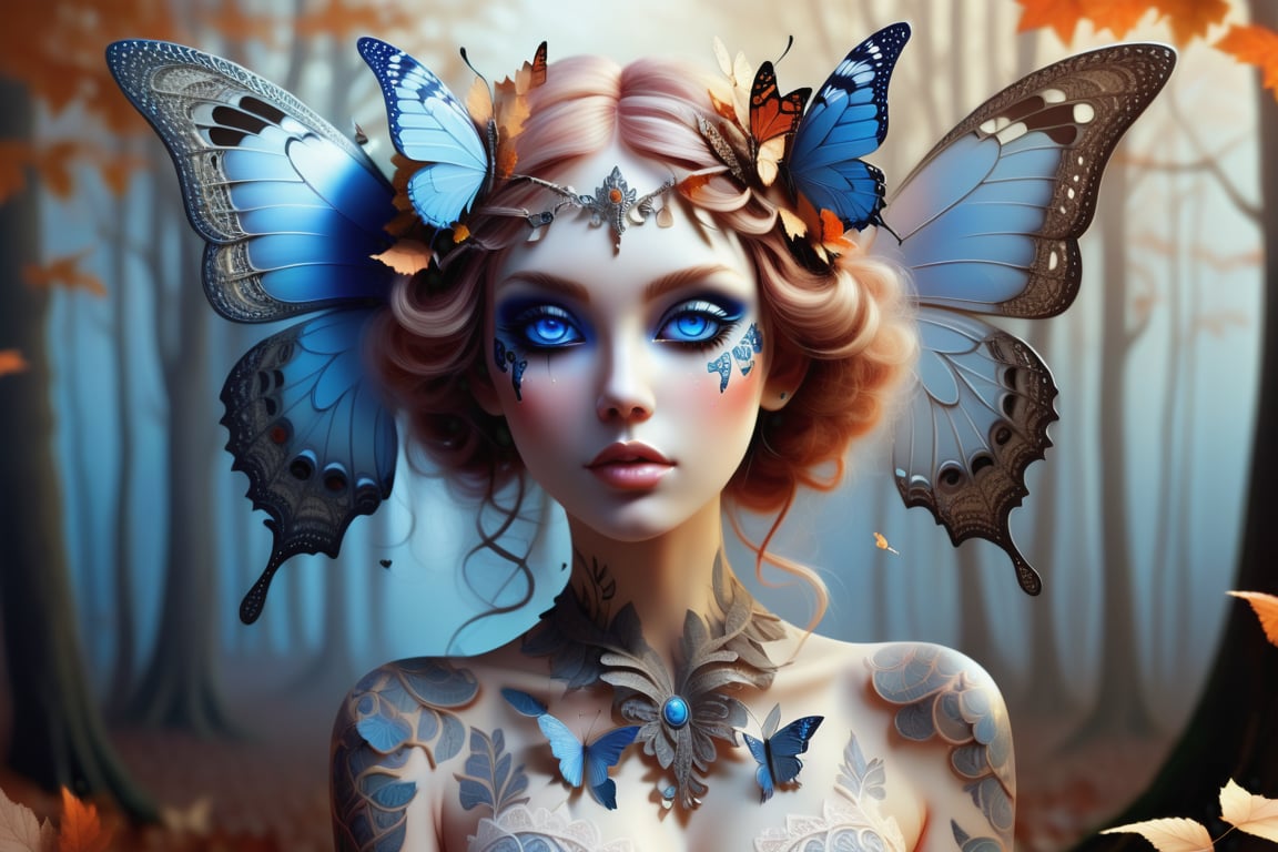 A beautiful ethereal woman with large, delicate butterfly wings attached to her head, surrounded by swirling autumn leaves and other small butterflies. Her striking blue eyes contrast with her porcelain skin, and she wears intricate lace-like tattoos that flow gracefully along her neck and shoulders. The background features an enchanted, misty forest with twisted, ancient trees and a soft glow that adds a dreamlike atmosphere. The colors are warm and vibrant, emphasizing the magical and surreal nature of the scene. Digital painting, ultra-realistic details, soft focus, high contrast lighting, (masterpiece: 1.2), (best quality:1.3), ultra highres, original, (extremely detailed:1.1), perfect lighting