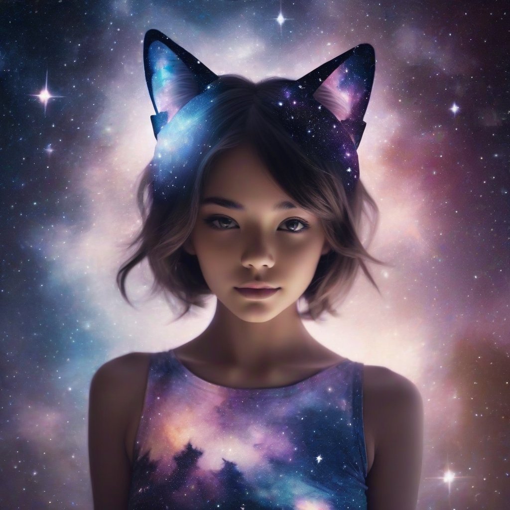  double exposure female body inside her stars glow and galaxy space art cat ears on head