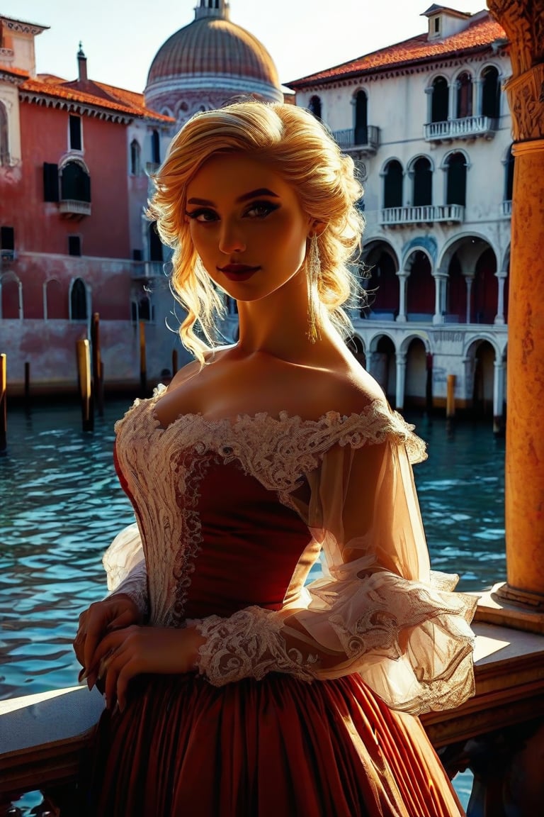 A blonde woman in a Baroque style setting in Venice, Italy. The scene features chiaroscuro lighting, with dramatic contrasts of light and shadow. The woman is wearing an ornate, period-appropriate dress and is posed in a regal manner, perhaps on a balcony overlooking the iconic canals and architecture of Venice.