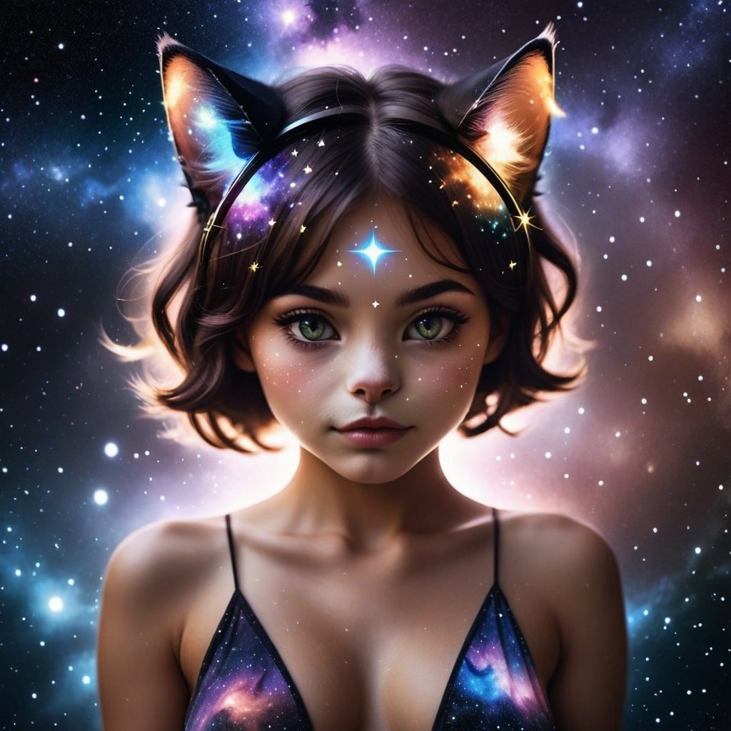  double exposure female body inside her stars glow and galaxy space art cat ears on head