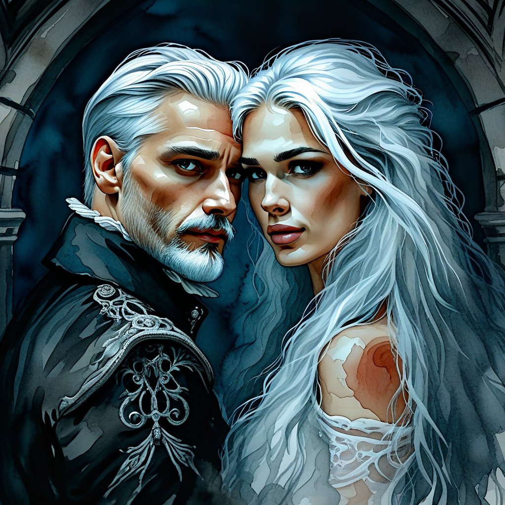 watercolor noir couple white man and woman standing next to each other beautiful fantasy portrait magali villeneuve style long smooth white hair lovers incredibly beautiful image hugs son of the night long grey hair leading to beautiful couple crazy white hair looking at camera midnight castle