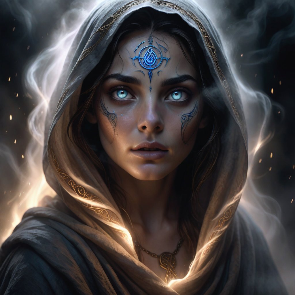  A woman's face emerges from a shroud of dark, swirling mist, her eyes piercing and intense. Her expression conveys a sense of raw emotion, with an ethereal, magical light emanating from her eyes. The background is obscured in a hazy, ethereal atmosphere, with the faint glow of runes or sigils visible, adding a mystical, otherworldly element to the scene. The lighting is dramatic and high-contrast, casting her features in bold, vibrant colors that heighten the impact of the image.