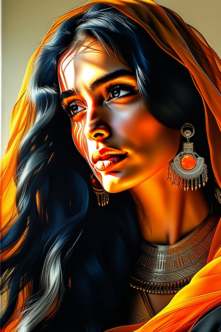  Foreshortening - looking up from the bottom. A very beautiful Arab woman with long flowing black wavy hair, dressed in a black skirt with patterns and accessories in turquoise and orange tones. Fantastically and fabulously, charming radiance, soft brush strokes, air movements, soft shining light, light layering, Radiant glare of sunlight, high detail. The background is a magical clearing. The material is oil on canvas.