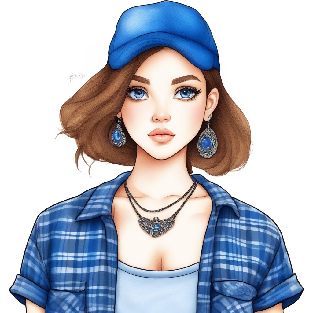 Watercolor chibi style, confident woman with long brown hair framing her beautiful, expressive face with big blue eyes. She wears bracelets, earrings and a cap. Dressed in jeans and a blue t-shirt, she stands on the floor in black high heels on a white background. Modifiers: kawaii style, high detail, sharp focus, Inspired by artgerm and Linda Garland. 4K UHD resolution, digital illustration. white background around.