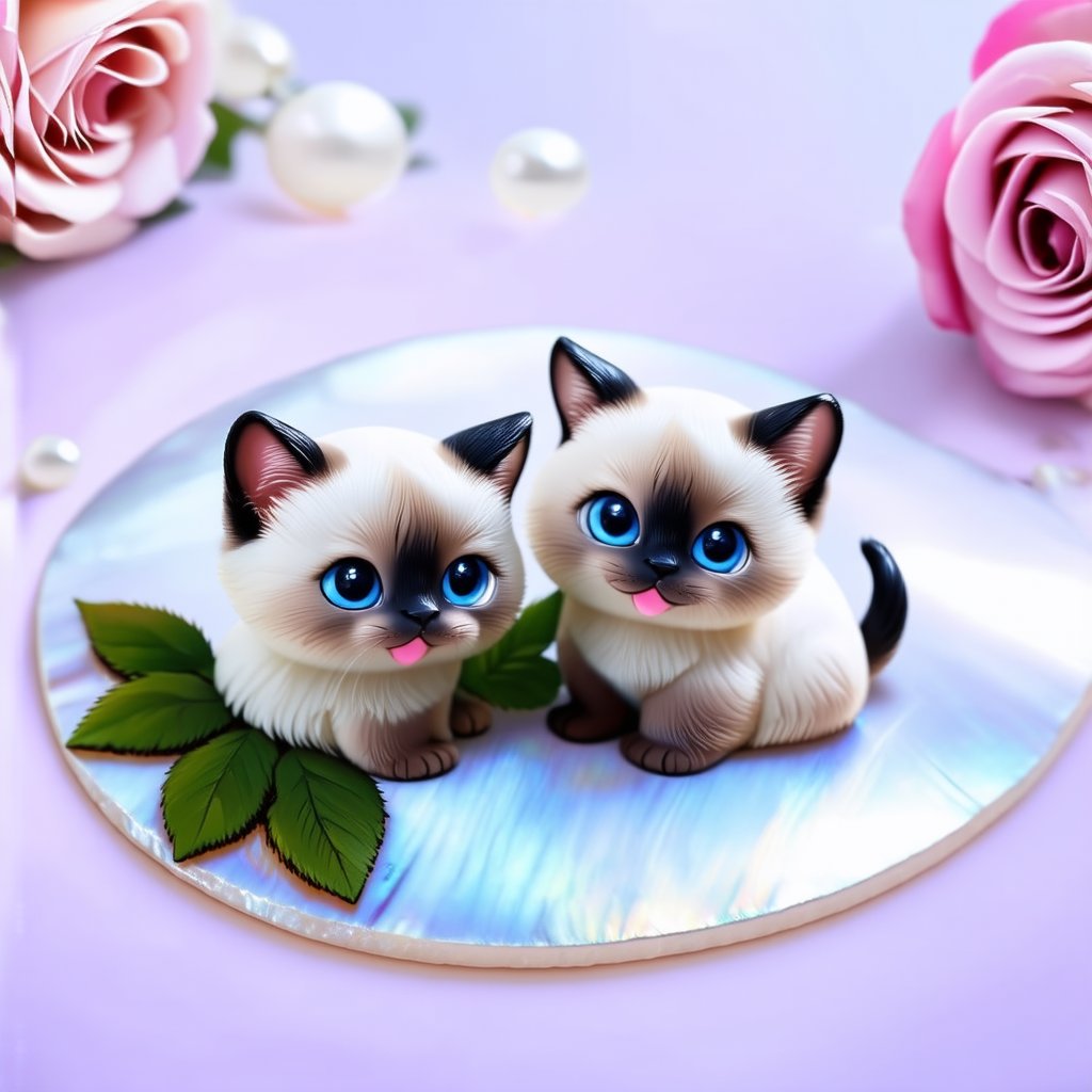 Two cute cartoon fluffy Siamese kittens are painted on the pearl mother-of-pearl. pale lilac-pink roses with dark green leaves made of mother-of-pearl. The background is pearl mother of pearl. close-up.