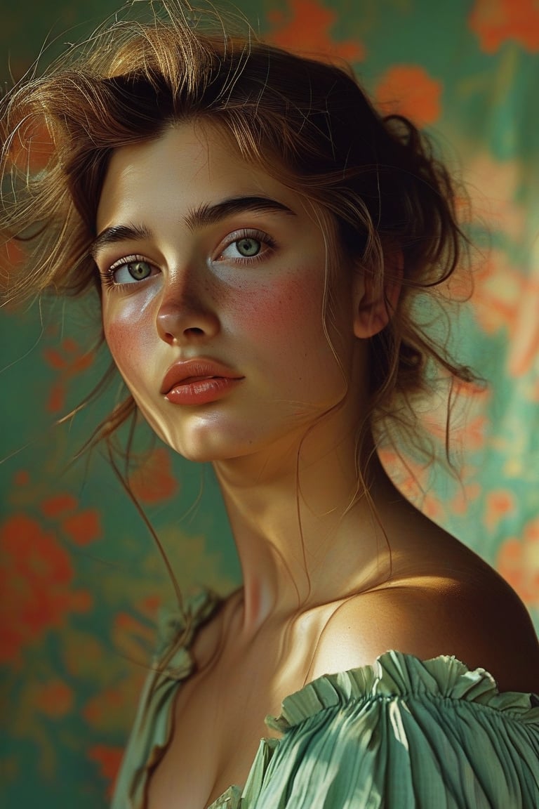 A detailed, vibrant portrait of a beautiful woman in the style of Annie Leibovitz, striking an expressive pose with an emotional interaction with the camera. The scene is framed with cinematic lighting that enhances the rich, saturated colors, creating a striking and memorable composition. The photograph is carefully staged with a carefully chosen environment, including surreal elements or unusual props that add depth and intrigue. The focus is on the personality and character of the model, mixing glamour with realism. The attention to detail extends to the costume and background, reflecting the influence of pop culture and contemporary art. The image is detailed and super real.