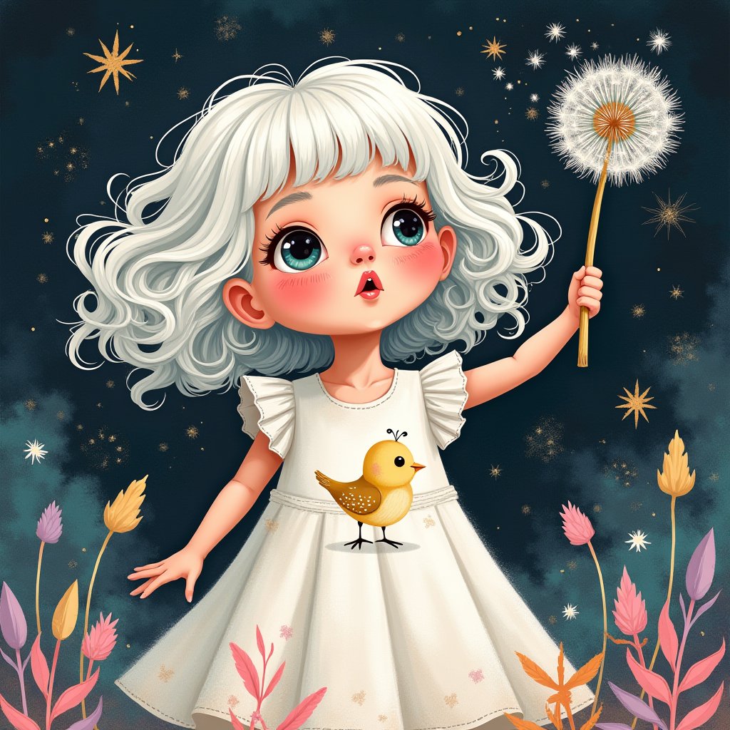 A bright whimsical illustration of a 5 year old girl with white curls, bangs, wearing a white ruffled dress and a print of a cute bird with naughty feathers and polka dot wings, holding a dandelion in the air and blowing on it. The bird is depicted as happy and stupid. The background is airbrushed and textured with pops of lavender, turquoise, black, pink and cream with some glitter thrown in. dark background