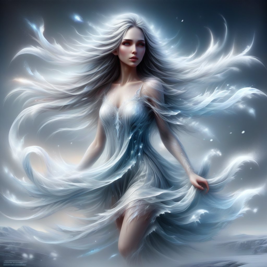 beautiful woman with long icy flowing hair standing in the snow, digital art inspired by Magali Villeneuve, fantasy, ethereal dripping ice, made of ice, Laurie Earley, wearing a dress made of water, soft inner glow, ethereal, ice shards, ice landscape, sparkling ice, girl in white short frosted dress made of ice lace, icy, feminine etherealness, detailed, sophisticated appearance, high detail, high budget, bokeh, cinemascope, gorgeous, film grain, professional, highly detailed, photographic, extreme realism, subtle texture, incredibly realistic