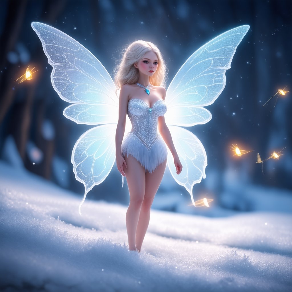 A beautiful fairy woman with large, transparent wings stands on fluffy snow. Her detailed facial features are illuminated by the fireflies flying around her. The image has extreme detail and high clarity.