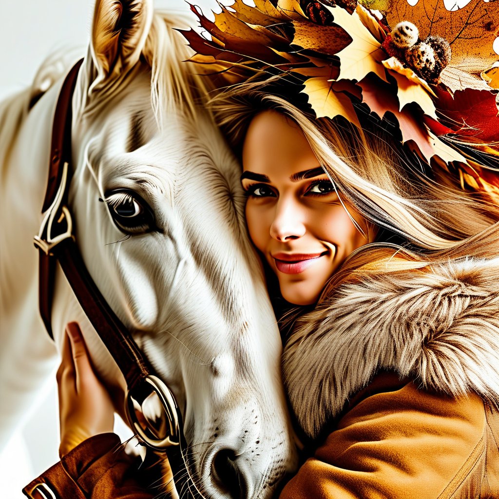  beautiful woman hugging horse, autumn. super detailed on white background