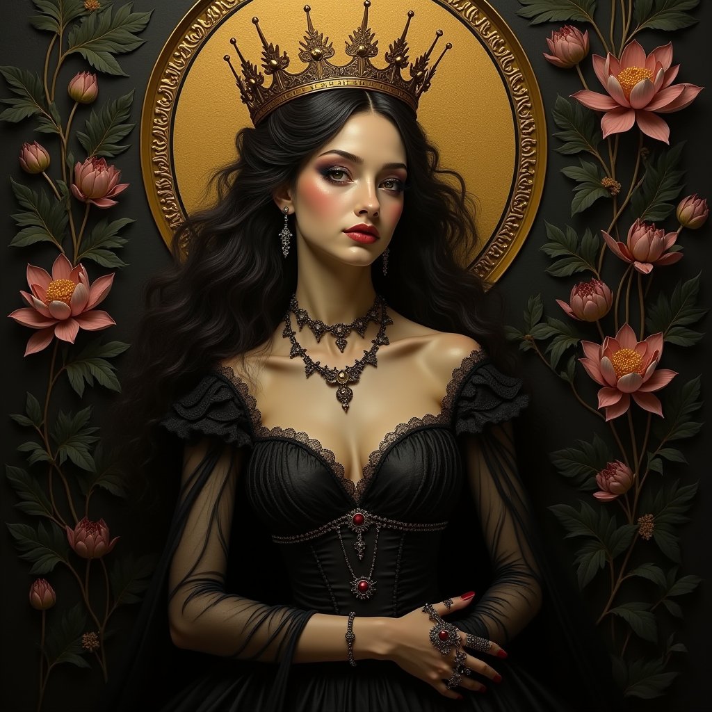   Beautiful woman, (in dark gold) baroque color palette, in a crown with a lotus flower, highly detailed dark art, gothic young woman, acrylic, painting.