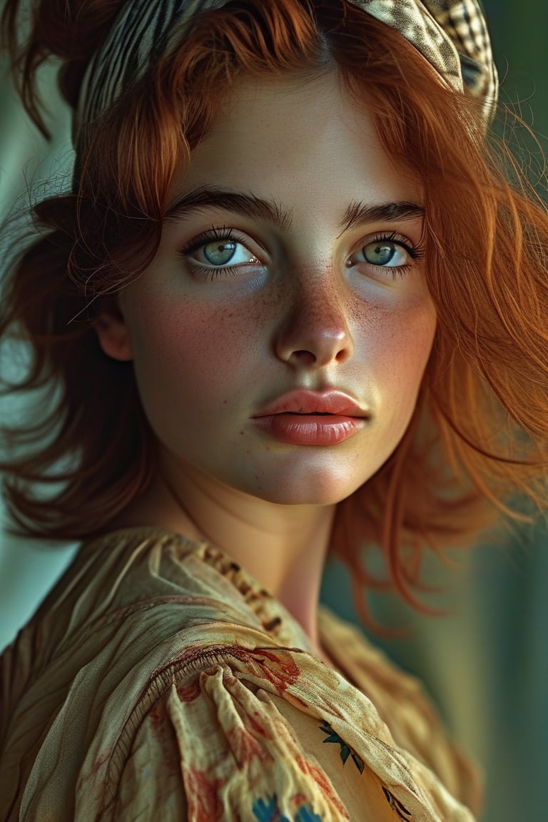 A detailed, vibrant portrait of a beautiful woman in the style of Annie Leibovitz, striking an expressive pose with an emotional interaction with the camera. The scene is framed with cinematic lighting that enhances the rich, saturated colors, creating a striking and memorable composition. The photograph is carefully staged with a carefully chosen environment, including surreal elements or unusual props that add depth and intrigue. The focus is on the personality and character of the model, mixing glamour with realism. The attention to detail extends to the costume and background, reflecting the influence of pop culture and contemporary art. The image is detailed and super real.