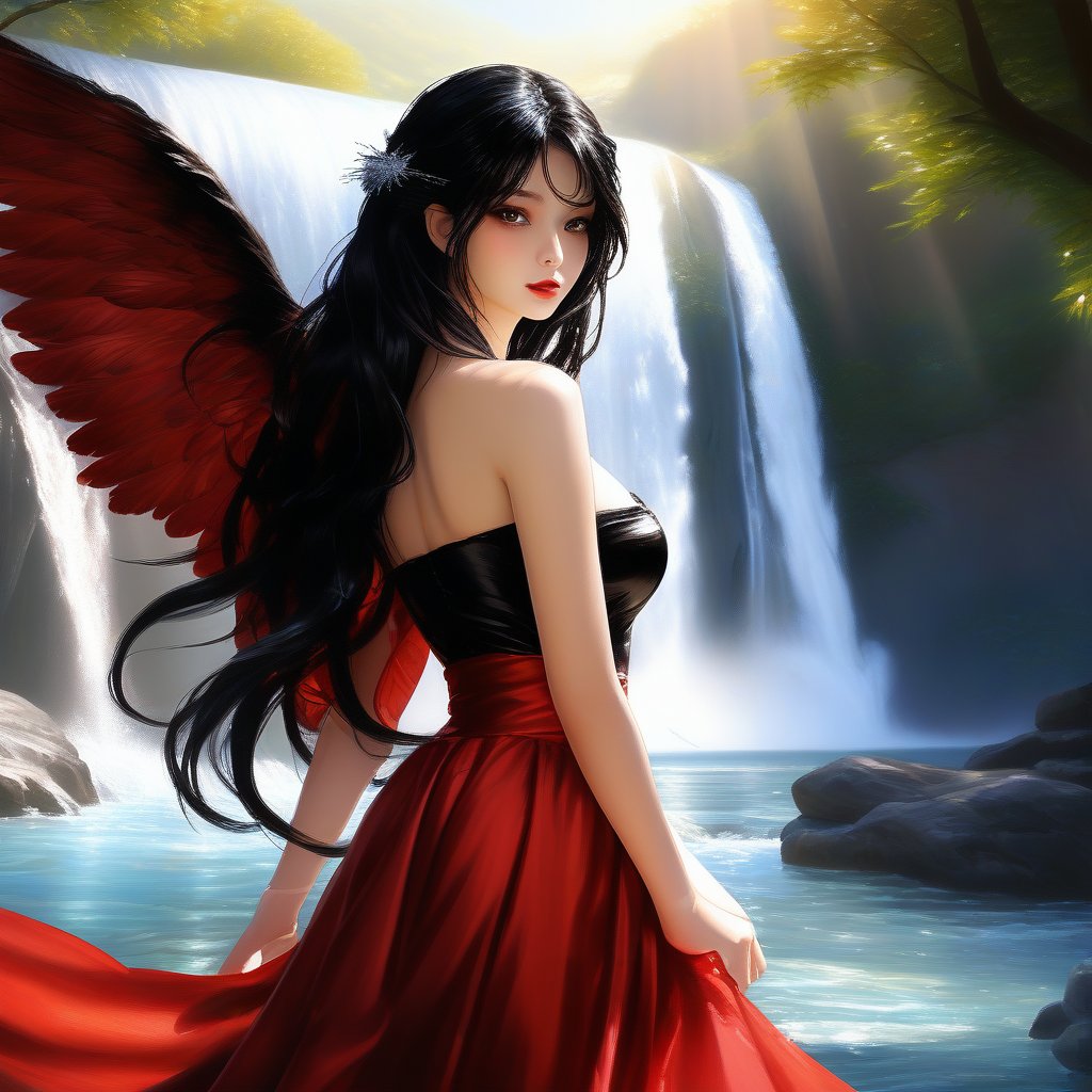 side view. anthropomorphic tigress, long silky black hair, eyes with elongated corners, fluffy eyelashes, glitter in eyes, silk red dress, black shiny angel wings, standing on the edge of a waterfall, sun rays, best shot, oil painting