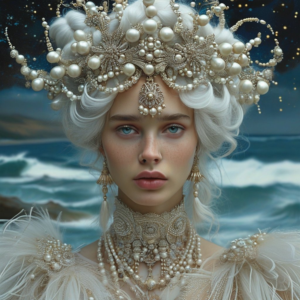 Portrait of an unearthly Goddess woman with white hair in a complicated hairstyle decorated with pearls and marine accessories. In a magnificent dress with trains. In the style of Tim Walker. Against the background of the sea with waves and the night starry sky.