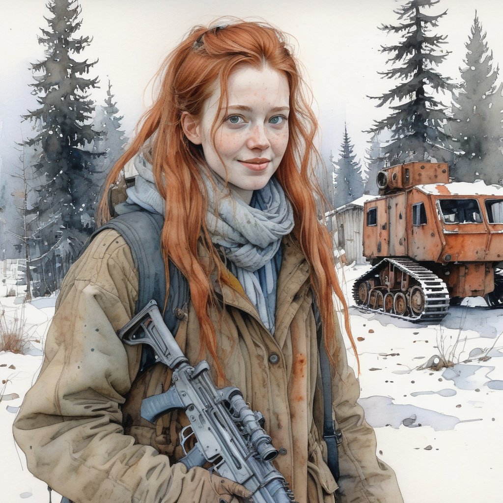 the most detailed watercolor drawing, the world of the post-apocalypse, winter, snow, close-up of a cheerful freckled red-haired girl with long tousled hair with a rifle in her hands, in the background there is a huge walking mechanical robot covered with rust, people in warm fur coats, in the distance you can see a forest and a peasant hut, the most detailed image, many small details, image in the style of Jakub Rozalski, watercolor + ink + fine lines drawing, maximum detail of the face and eyes, best quality, (Masterpiece: 1.5), (best quality:1.5). elaboration of small details, maximum emphasis on faces,