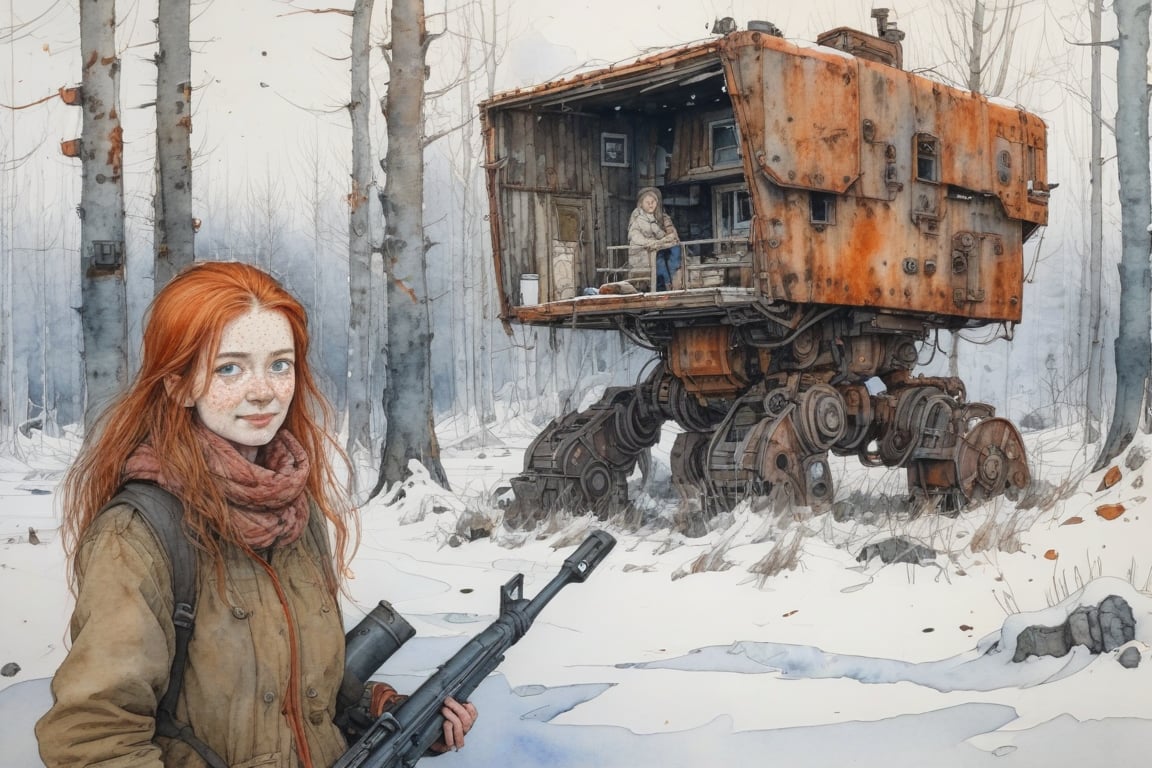 the most detailed watercolor drawing, the world of the post-apocalypse, winter, snow, close-up of a cheerful freckled red-haired girl with long tousled hair with a rifle in her hands, in the background there is a huge walking mechanical robot covered with rust, people in warm fur coats, in the distance you can see a forest and a peasant hut, the most detailed image, many small details, image in the style of Jakub Rozalski, watercolor + ink + fine lines drawing, maximum detail of the face and eyes, best quality, (Masterpiece: 1.5), (best quality:1.5). elaboration of small details, maximum emphasis on faces,