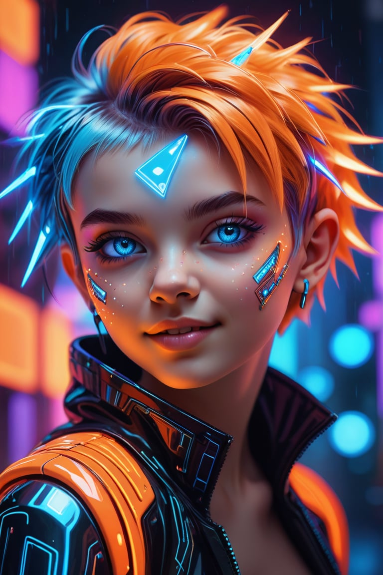 cyberpunk, detailed face, cheerful girl 18 years old, juicy unusual hair colour, pixie hairstyle, face decorated with iridescent rhinestones, playful eyes, background neon blue-orange with crystals, soft glowing lights, reflections, vibrant colors, dynamic composition, high contrast, futuristic elements, modern art style