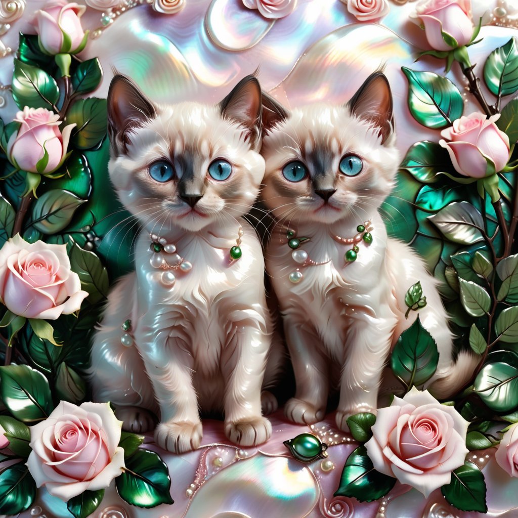 Two cute cartoon fluffy Siamese kittens are painted on the pearl mother-of-pearl. pale lilac-pink roses with dark green leaves made of mother-of-pearl. The background is pearl mother of pearl. close-up.