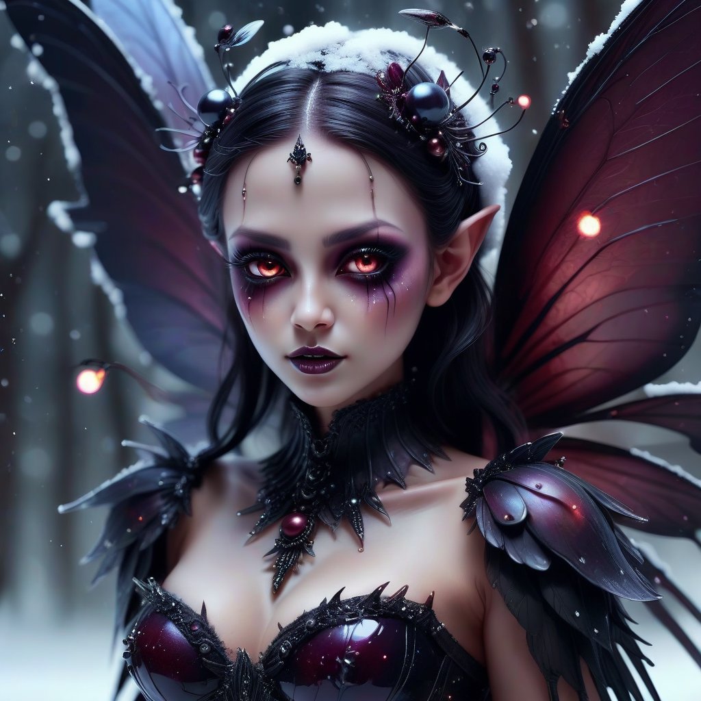 Dark fantasy. Dark Fairy, mistress of dark forces, detailed facial features, large transparent dark wings with small black pearls. Stands on fluffy snow covered with bright spots of burgundy paint. Fireflies fly around. Extreme detail. High definition image. Wallpaper.