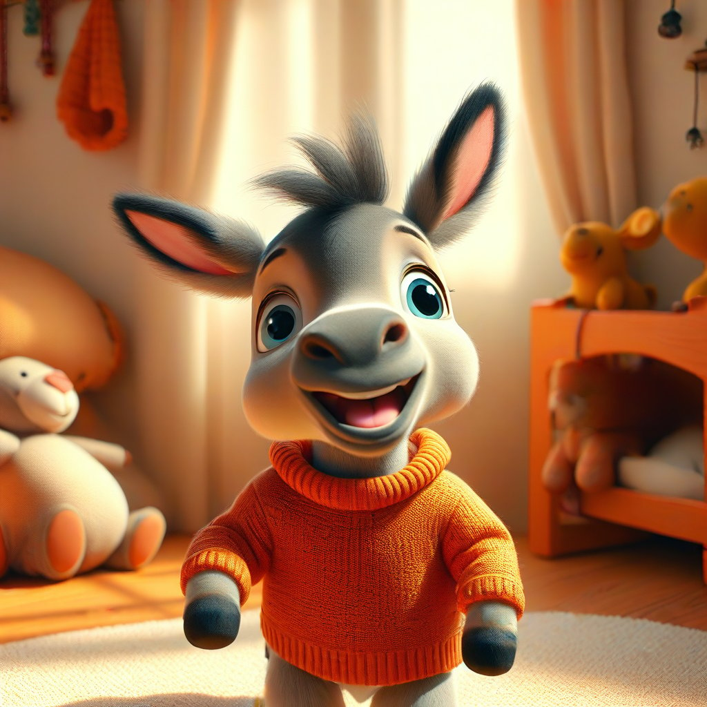 In the warm light of a cozy room, a little donkey in an orange sweater dreamed of adventure. His big eyes sparkled with joy, and his ears fluttered as he prepared to conquer the world of toys.