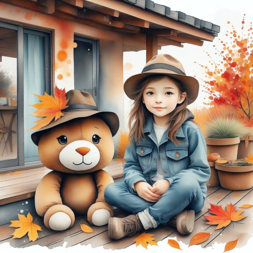 watercolor, random pose. 10 year old girl with brown hair. next to a stuffed animal in a denim jacket and a hat decorated with autumn leaves, sits on the terrace of a raw-style house.