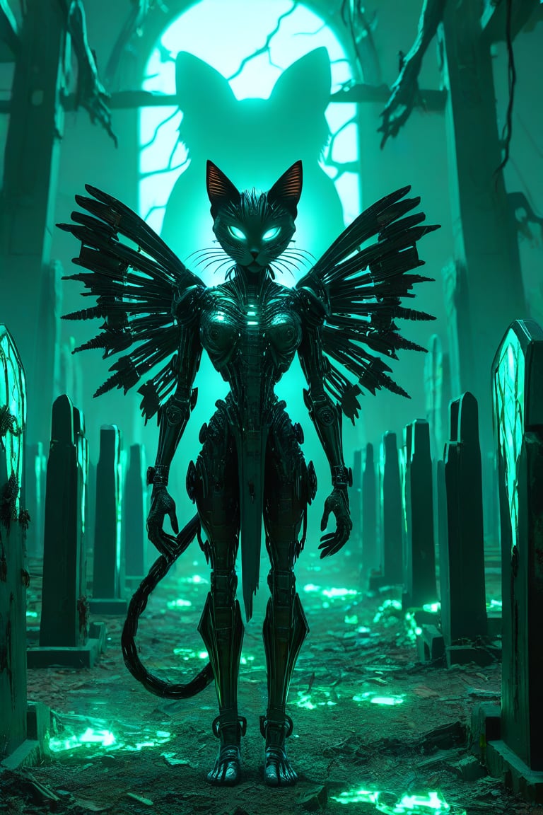 
A dark angel in profile, with cat ears and mechanical wings made of twisted metal and gears, stands in the center of an abandoned futuristic cemetery. The angel's body is a fusion of organic and mechanical, with glowing neon cybernetic eyes and veins of blue light running across her green armored skin. The cemetery is filled with holographic tombstones flickering into existence and out of existence, and the ground is cracked, glowing neon glass.