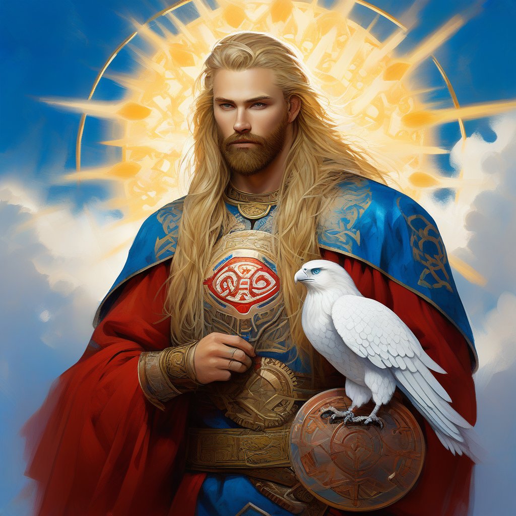 Slavic ancient beautiful blond bearded blue eyed man ancient warrior viking Bogatyr, wearing red and gold white and blue kaftan and chainmail, holding beautiful white falcon, and turquoise shield with beautiful golden sun on it, background sun light jets Celtic ornament, painting by Aleksandr Shilov —ar 2:3 —stylize 250 —v 6.1