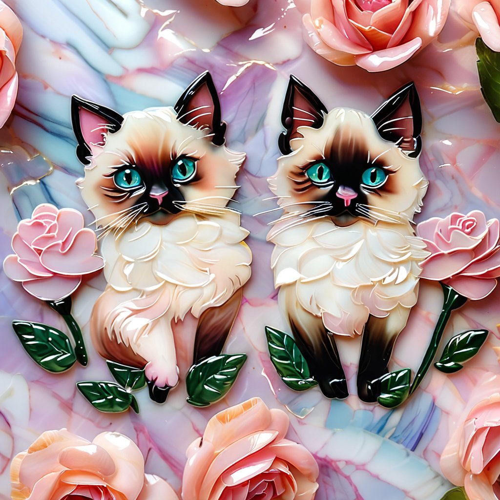 Two cute cartoon fluffy Siamese kittens are painted on the pearl mother-of-pearl. pale lilac-pink roses with dark green leaves made of mother-of-pearl. The background is pearl mother of pearl. close-up.