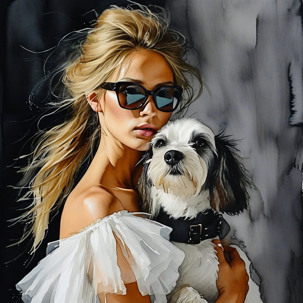 watercolor acrylic, random interesting pose, Russian woman in a white dress and a black and white dog, ballerina, sports glasses on a dog)), for a catalog, blond hair. ponytail, tutu, dark background