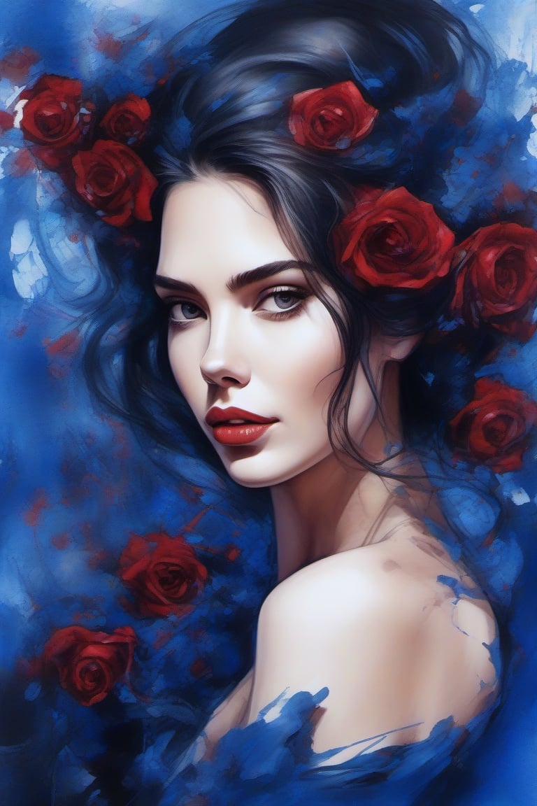 high quality, high quality, 8K Ultra HD, In this exquisite ink painting, the dynamic essence of Lana Rhoades's beautiful figure, blue silk dress. off-the-shoulder with striking beauty, deep shades of blue, dark red and black ink converge to form intricate patterns, capturing the essence of elegance and power of plumage, deep red and deep purple flowers, vines with thorns wrapping around her figure