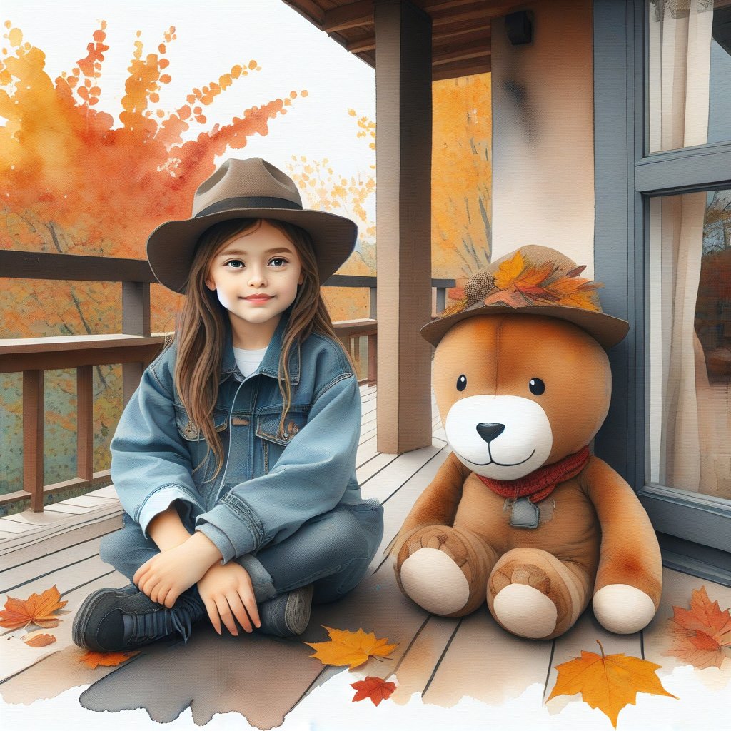 watercolor, random pose. 10 year old girl with brown hair. next to a stuffed animal in a denim jacket and a hat decorated with autumn leaves, sits on the terrace of a raw-style house.