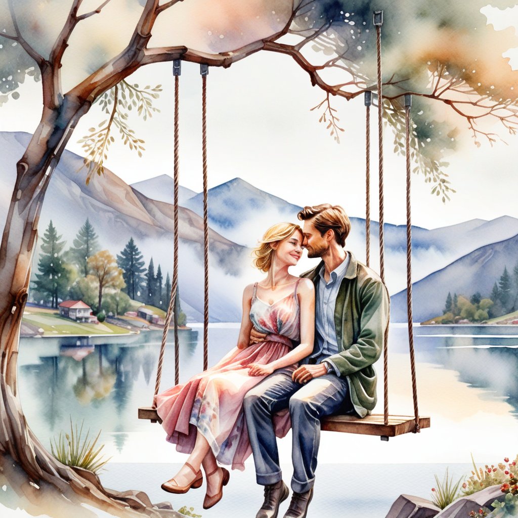 A close-up watercolor painting of a romantic couple sitting on a swing suspended from a tree branch, embracing and looking into each other's eyes, with a scenic view of a lake and misty mountains in the background, and their clothes flowing softly.