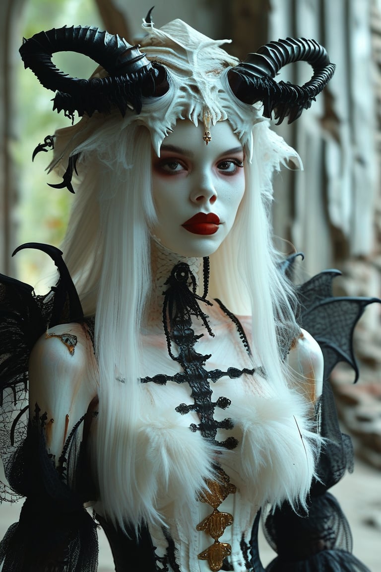 A magical, mystical, fantastic female creature in demonic form. A female figure with white skin and black clothing elements with a vintage lace-up corset. On the head there are large curved horns, luxurious black wings that look like skeletons, the face is beautiful and pale, with dark lips and expressive eyes. Burgundy - red thick hair, a halo resembling a golden halo is visible around the head. The overall style of the image resembles the Gothic aesthetics of dark fantasy. In the background are the distant ruins of ancient buildings.