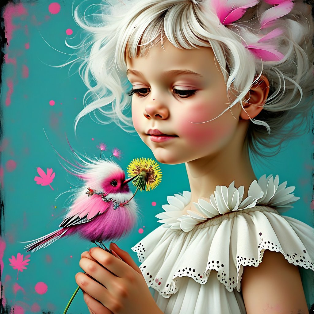 A bright whimsical illustration of a 5 year old girl with white curls, bangs, wearing a white ruffled dress and a print of a cute bird with naughty feathers and polka dot wings, holding a dandelion in the air and blowing on it. The bird is depicted as happy and stupid. The background is airbrushed and textured with pops of lavender, turquoise, black, pink and cream with some glitter thrown in. dark background